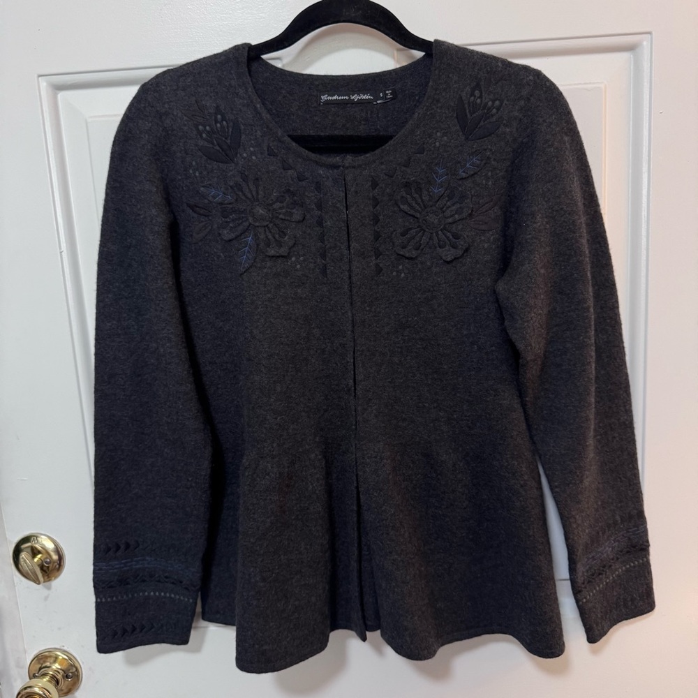 Gudrun Sjoden Gray Embroideres Sweater Cardigan Wool Size Small